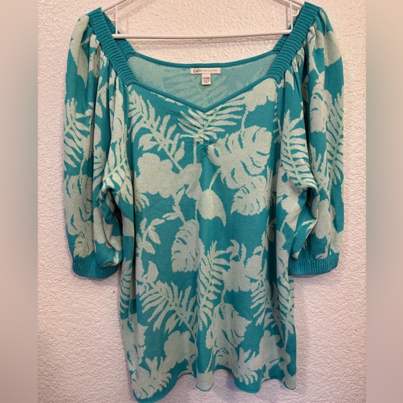 Cato Tops - Cato Plus Size Tropical Leaf Knit Sweater‎ Women's 18/20W Teal White